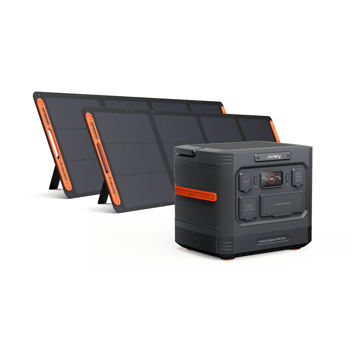 Jackery Explorer 1500 Ultra portable power station and two black solar panels with orange accents.