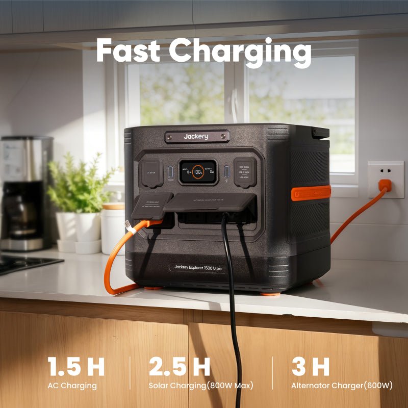 Jackery Explorer 1500 Ultra portable power station, dark gray with orange accents, charging on a kitchen counter.