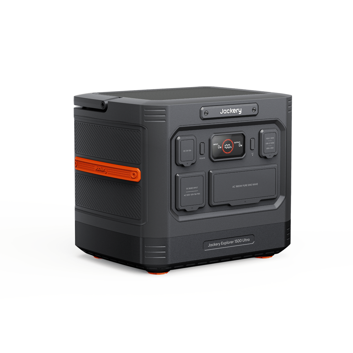 Jackery Explorer 1500 Ultra portable power station, dark gray with orange accents and a digital display.