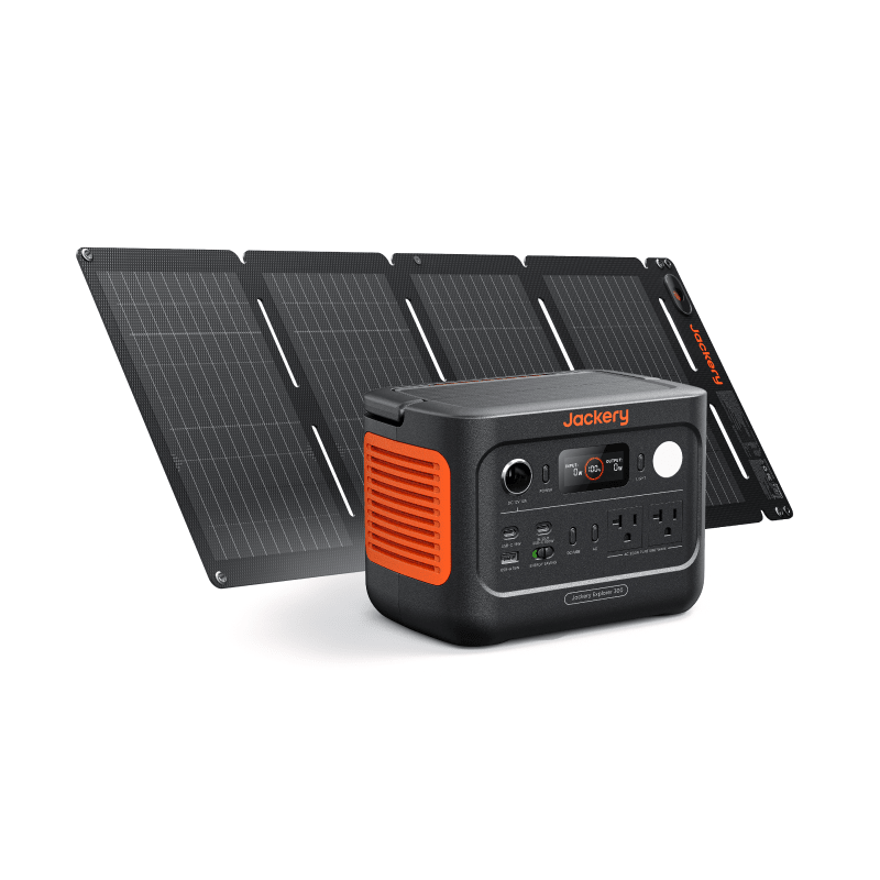 Jackery Explorer 300 v2 portable power station in black and orange with three foldable solar panels.