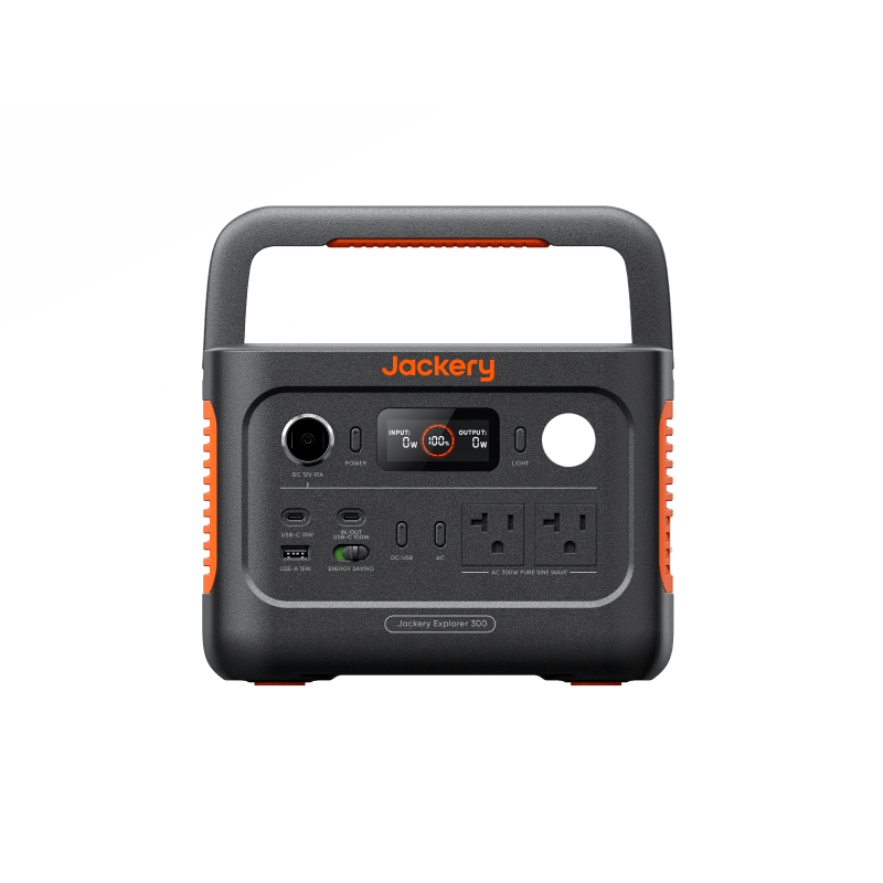 Jackery Explorer 300 v2 portable power station, black with orange accents, featuring multiple ports and a display.