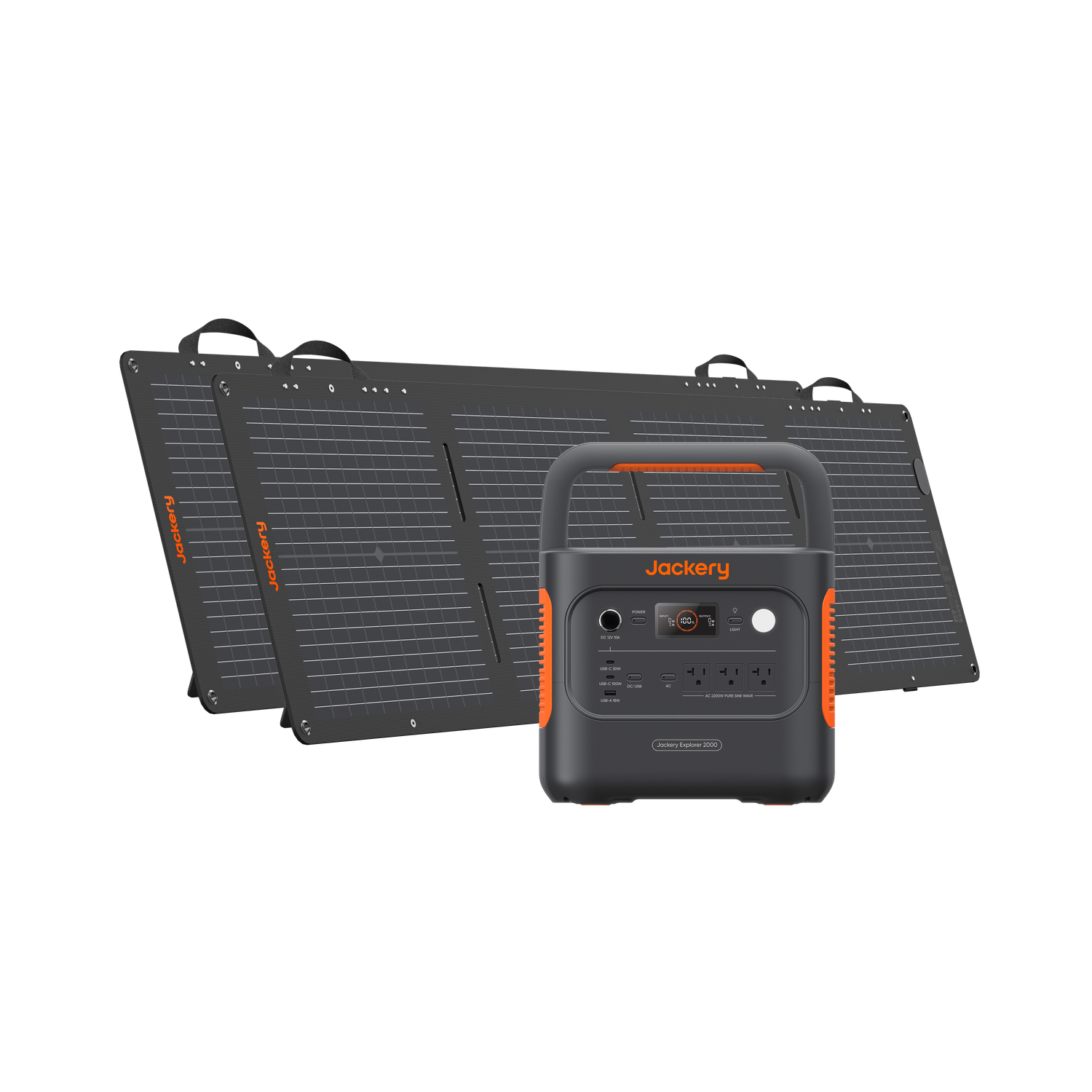Jackery Solar Generator 2000 v2 with dark gray portable power station and two black solar panels.