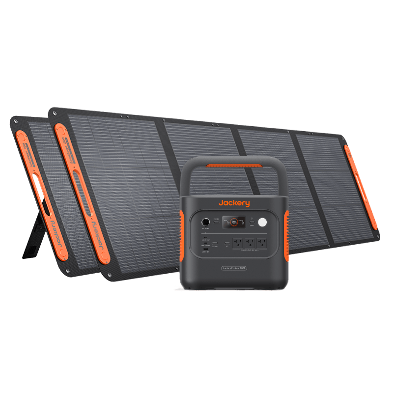 Jackery Solar Generator 2000 v2 with dark gray power station and two foldable solar panels.