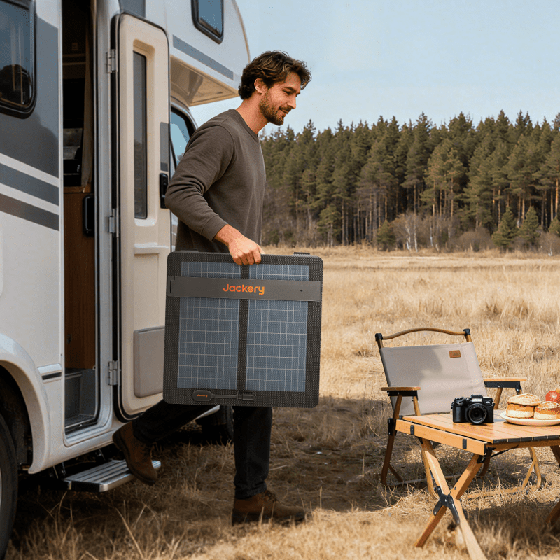 Man carrying a lightweight, foldable Jackery SolarSaga 100 Air solar panel out of an RV for camping.