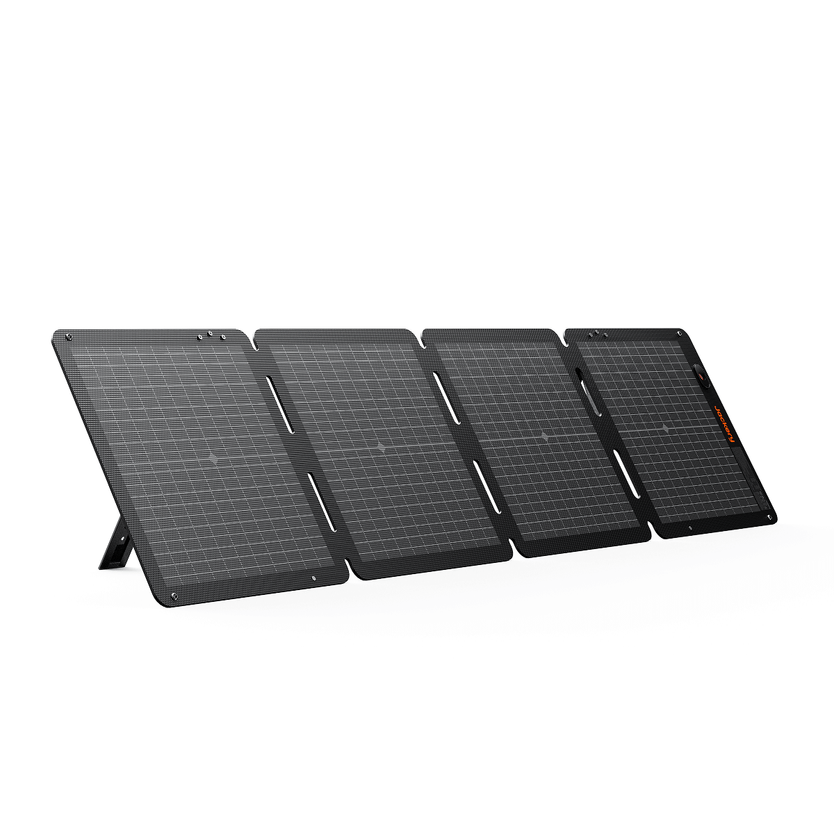 Jackery SolarSaga 100 Air, a black foldable solar panel with four segments and an integrated stand.
