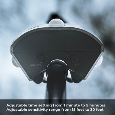 Gray Devos LightRanger motion sensor with adjustable sensitivity and time dials, USB-C powered.