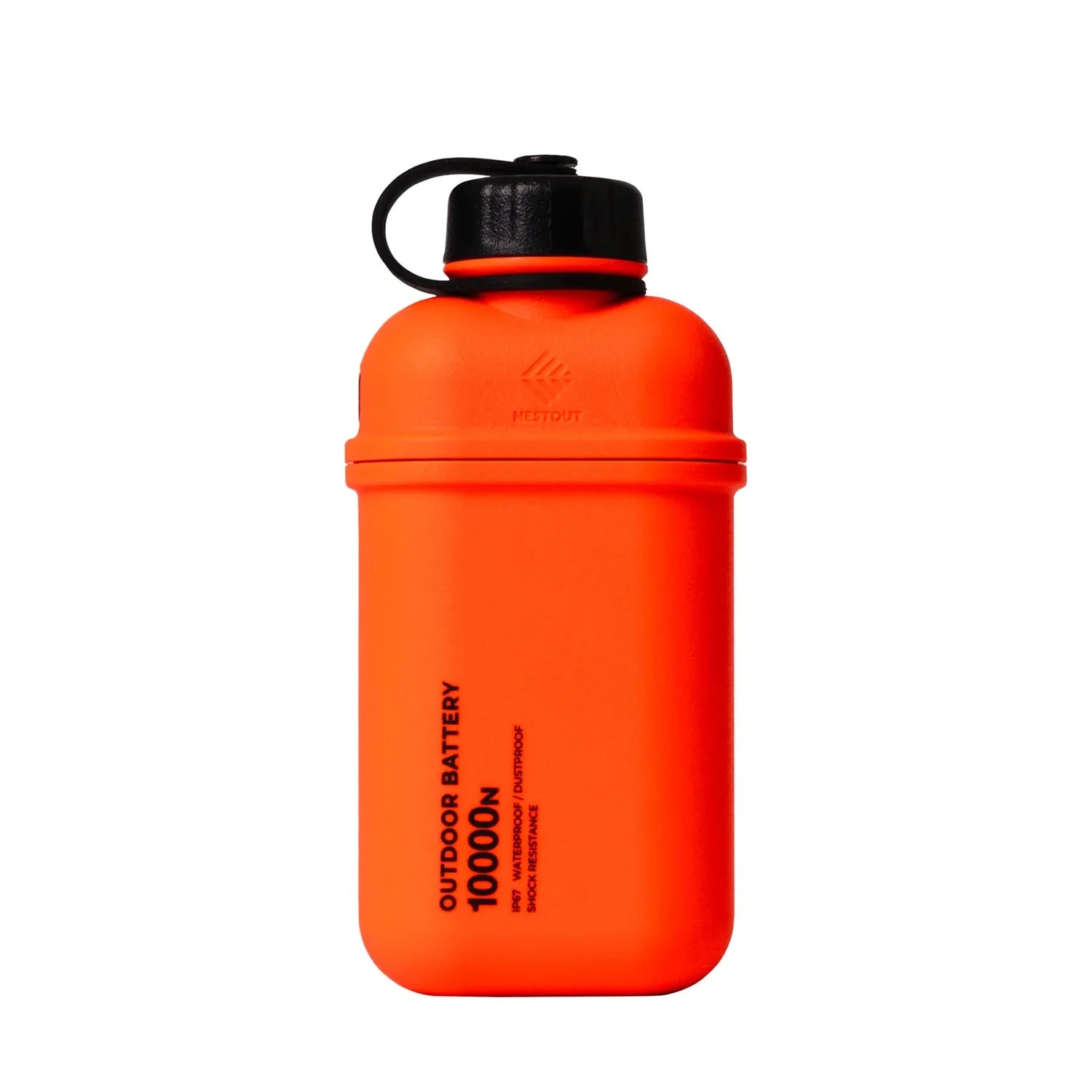 NESTOUT 10,000mAh rugged orange power bank with black cap and strap, waterproof and dustproof.