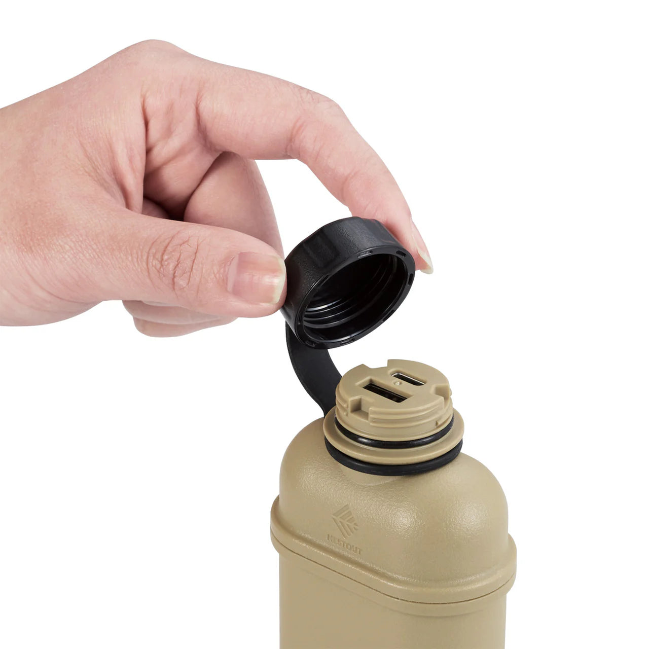 Hand opening the black cap of a tan NESTOUT 10,000mAh rugged power bank.