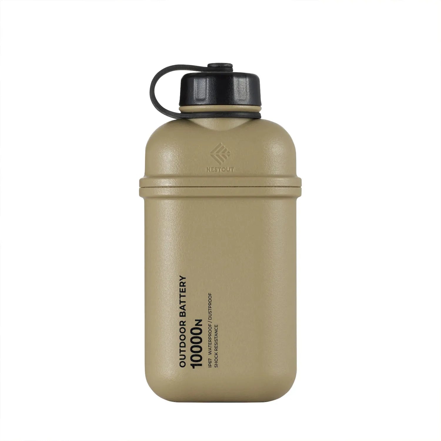 NESTOUT 10,000mAh rugged, olive-drab power bank with a black screw-top lid and loop.