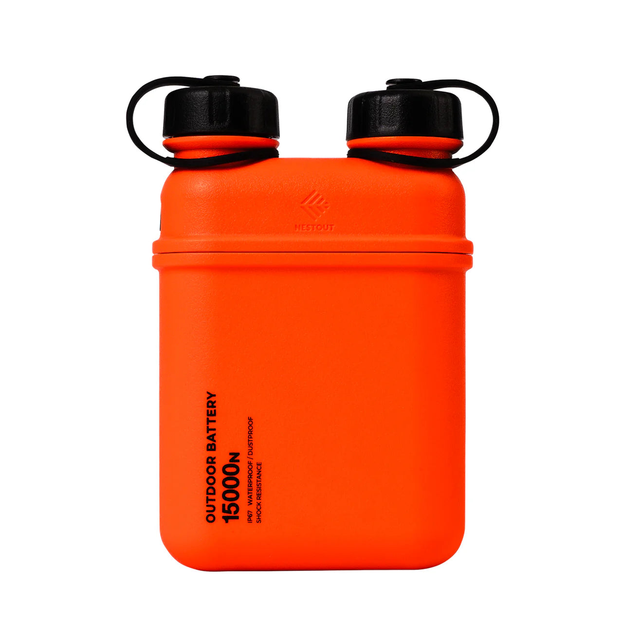 NESTOUT 15000mAh orange outdoor power bank with two black caps and text details.