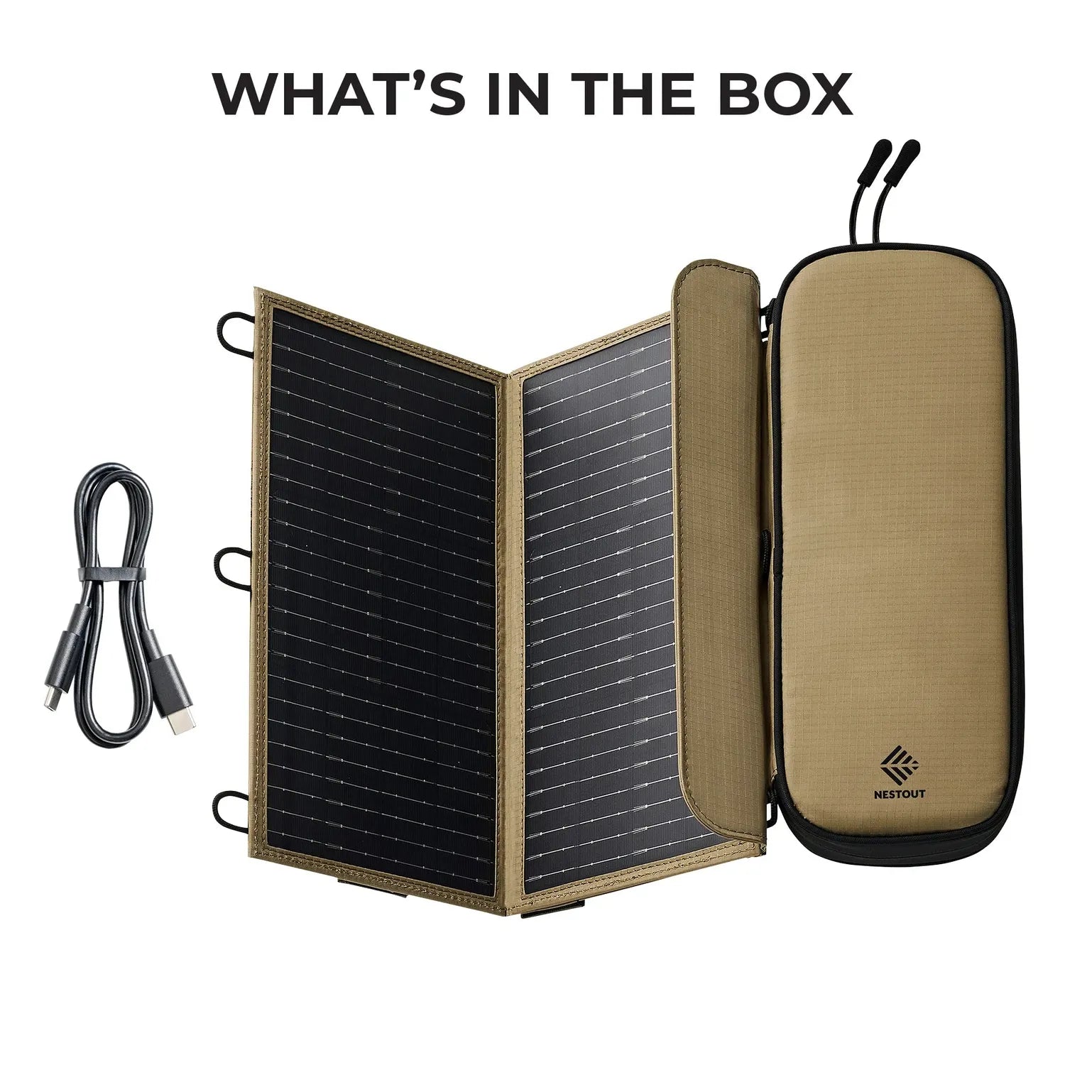 NESTOUT 2-Panel Solar Charger V2 in tan, partially folded, with black solar panels and a USB-C cable.