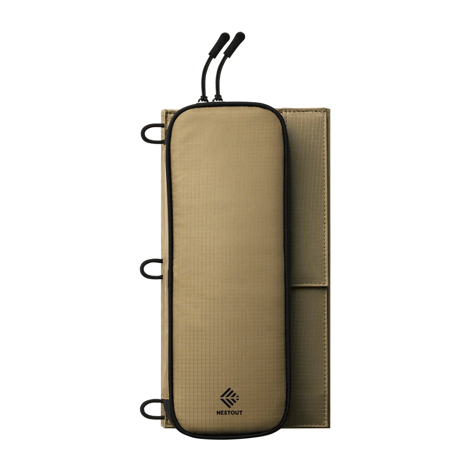 NESTOUT 4 Panel Solar Charger V2, folded tan ripstop fabric with black trim, loops, and drawstring.