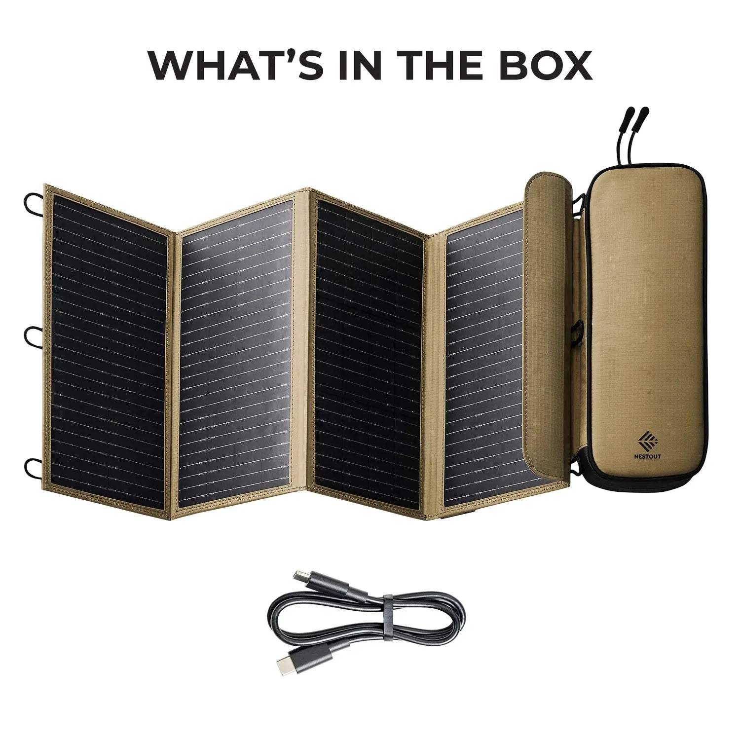 NESTOUT 4 Panel Solar Charger V2, tan fabric, black monocrystalline solar cells, folded with a carrying case and USB-C cable.