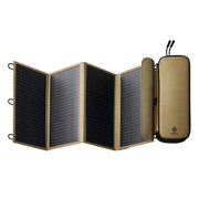NESTOUT 4-panel solar charger, tan fabric, black monocrystalline cells, folded for portability.