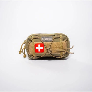 Olive drab Maxpedition Proteus Versipack with a red and white Swiss cross patch.