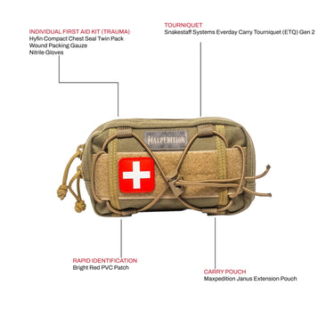 Tan Maxpedition Janus Extension Pouch with a bright red PVC first aid patch and elastic cordage.
