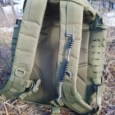 OD green backpack with a charcoal grey pace counter bead set featuring black beads.