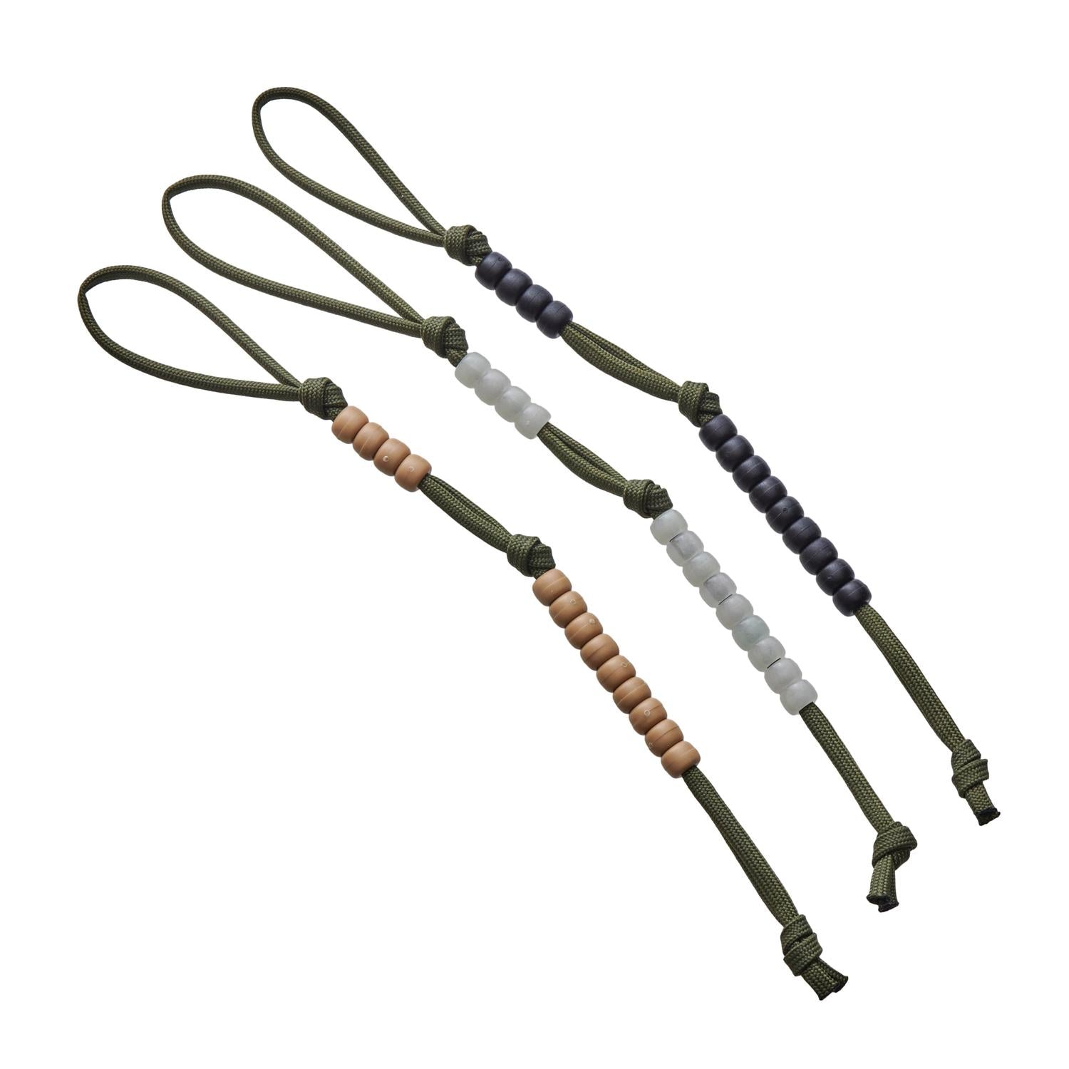 Three LYNX Survival Systems Pace Counter Beads: olive drab paracord with dark, light, and natural wood beads.