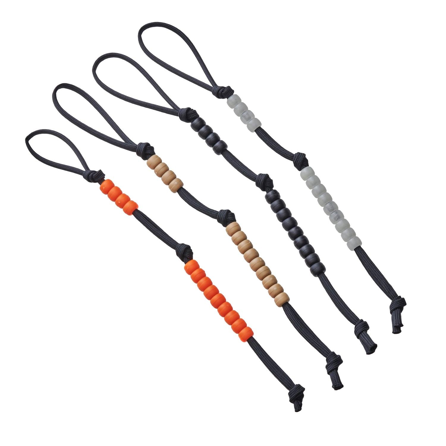 Four LYNX Survival Systems Pace Counter Beads sets: orange, natural wood, black, and clear beads on dark paracord.