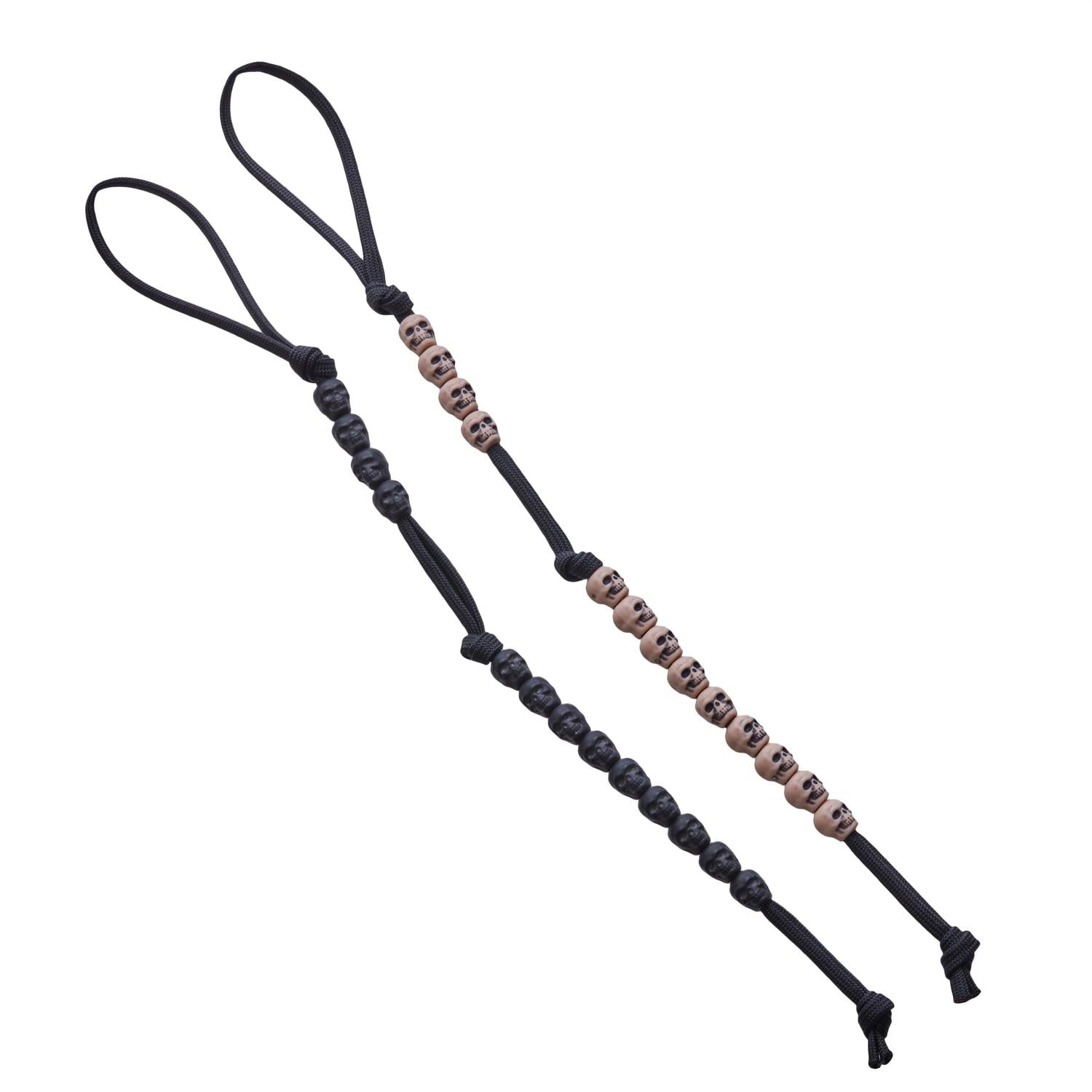 Two sets of LYNX Survival Systems Pace Counter Beads with skull beads on black paracord.