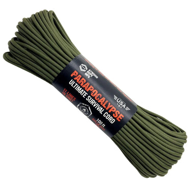 Green 100 ft Parapocalypse Ultimate Survival Cord with red and black product label.