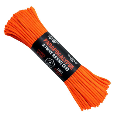 Bright orange 100 ft Parapocalypse Ultimate Survival Cord with black label, 625 lb tensile strength.