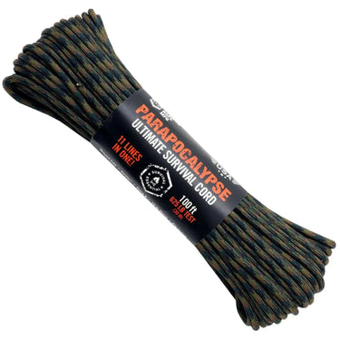 Camo green Parapocalypse Ultimate Survival Cord, 100 ft, 625 lb test, with orange product label.