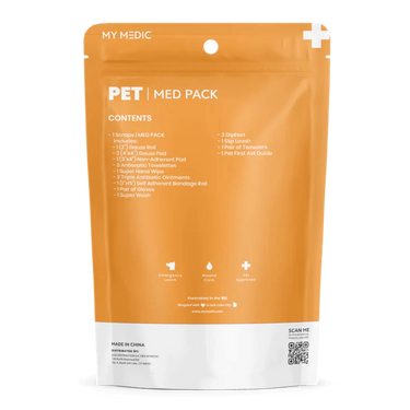 Orange My Medic Pet Med Pack, a compact first aid kit for pets, listing contents and features.
