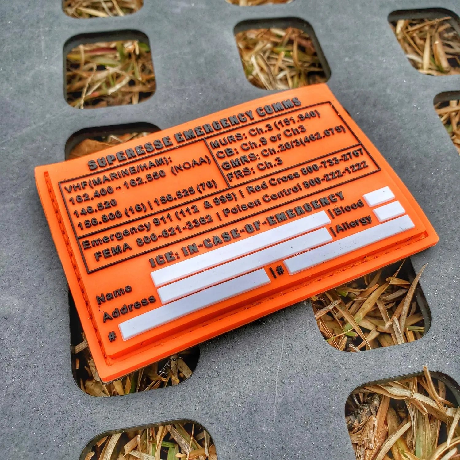 Storage Pocket Patch: Emergency Comms with Radio Frequency/Channel and Telephone Contact Numbers, ICE Card