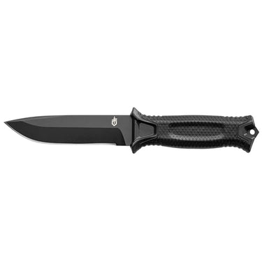 Black Gerber StrongArm fixed blade knife with a plain edge and rubberized diamond-texture grip.