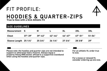 Black and white size chart for hoodies and quarter-zips with chest and sleeve length measurements.