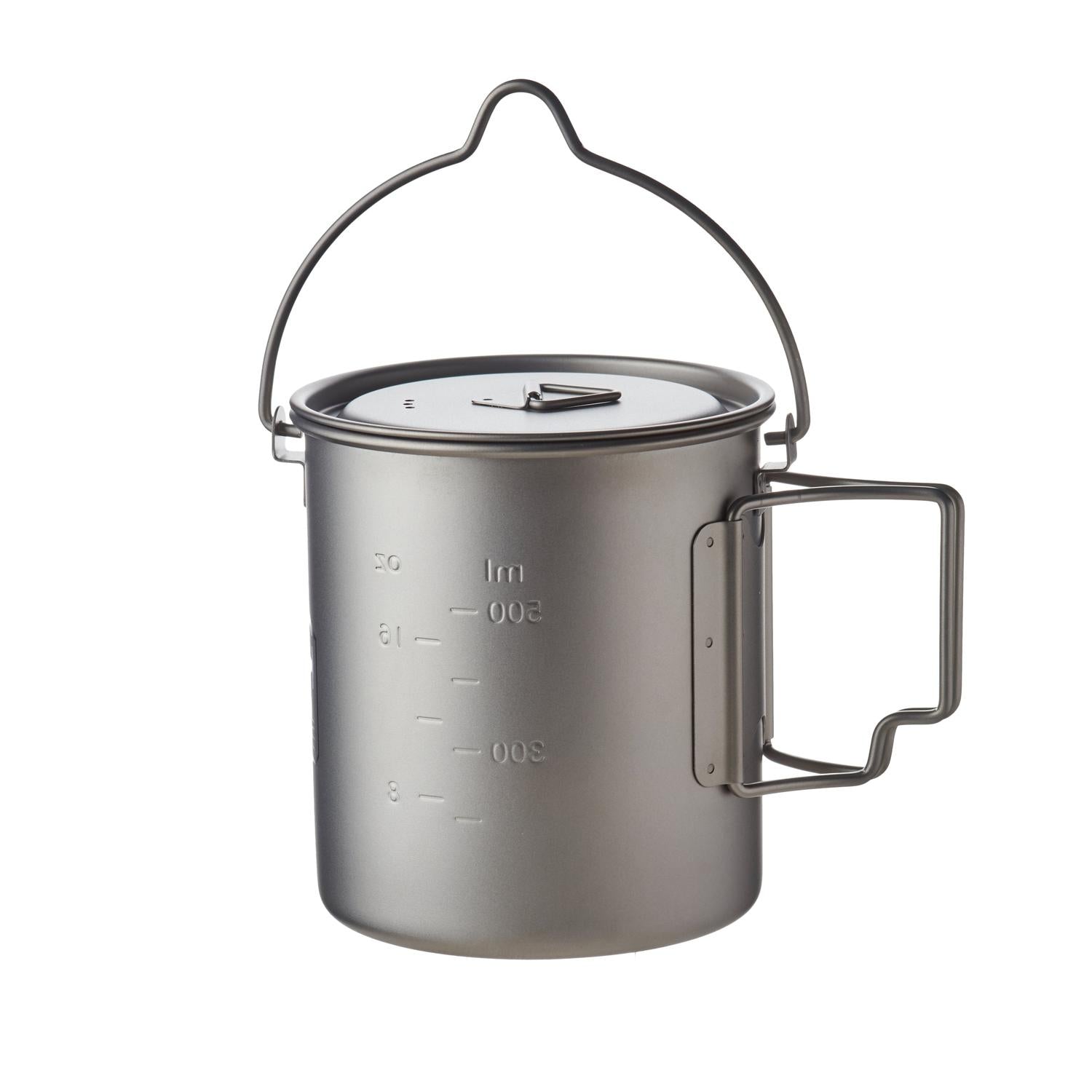 Gray 750ml titanium ultralight pot with lid, folding handle, and bail handle.