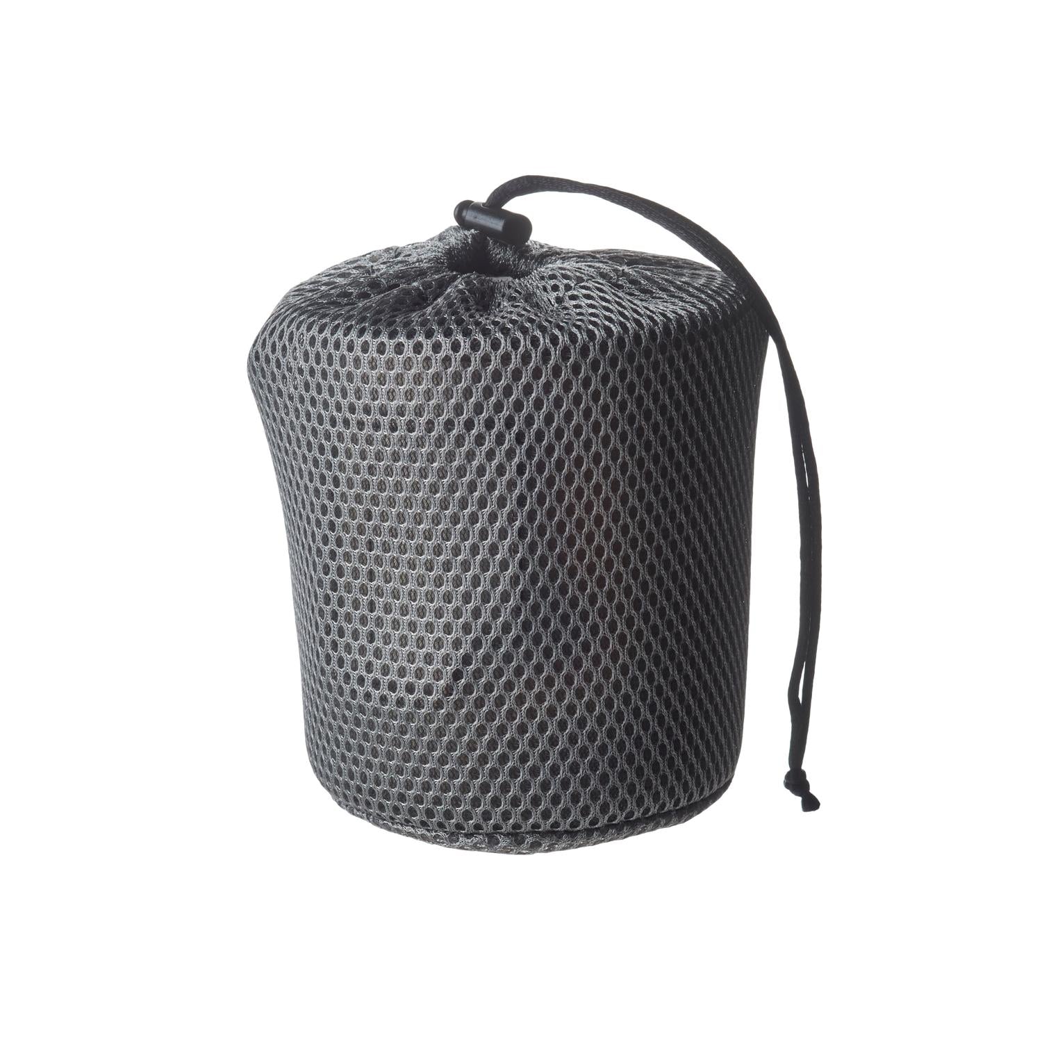 Gray mesh drawstring bag holding a 750ml titanium ultralight pot with lid.