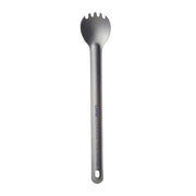 Long handle titanium spork with a matte gray finish and "LYNX SURVIVAL SYSTEMS" engraved on the handle.