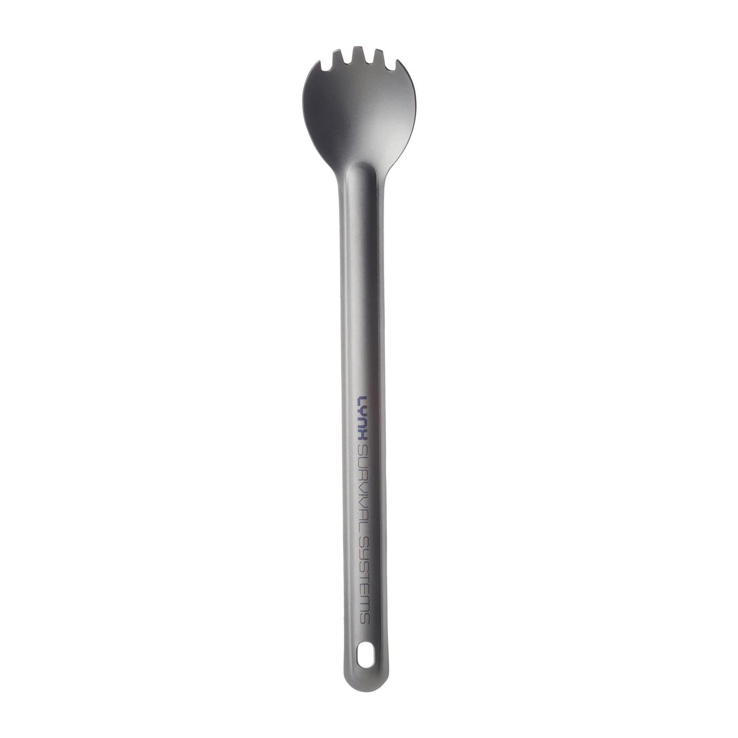 Long handle titanium spork with a matte gray finish and "LYNX SURVIVAL SYSTEMS" engraved on the handle.