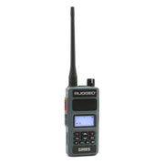 Rugged GMR5 5W GMRS handheld radio in grey, front view with backlit display and antenna