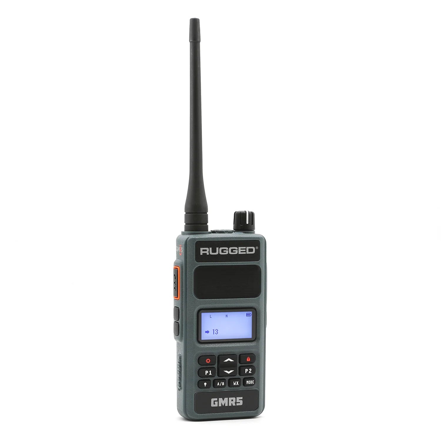 Rugged GMR5 5W GMRS handheld radio in grey, front view with backlit display and antenna