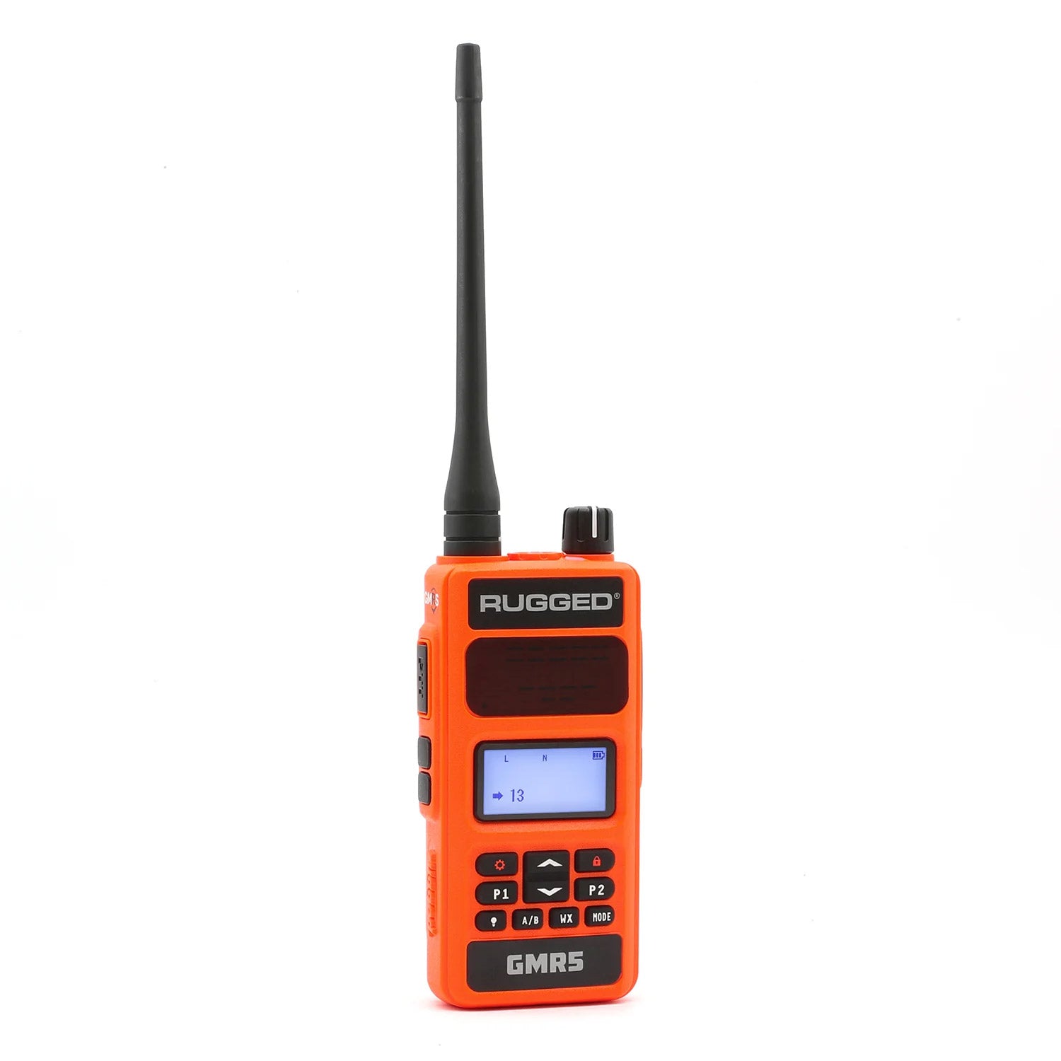 Rugged GMR5 5W GMRS handheld radio in safety orange, front view