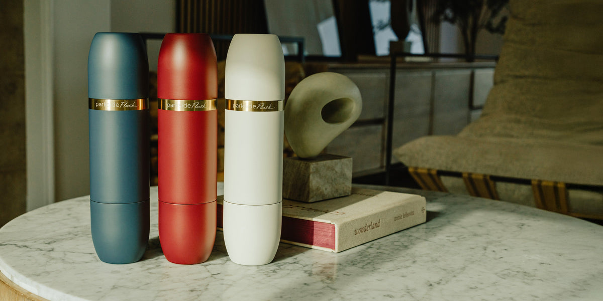 High Camp Parkside Sundown flasks in Amalfi Blue, Rosso, and Créma