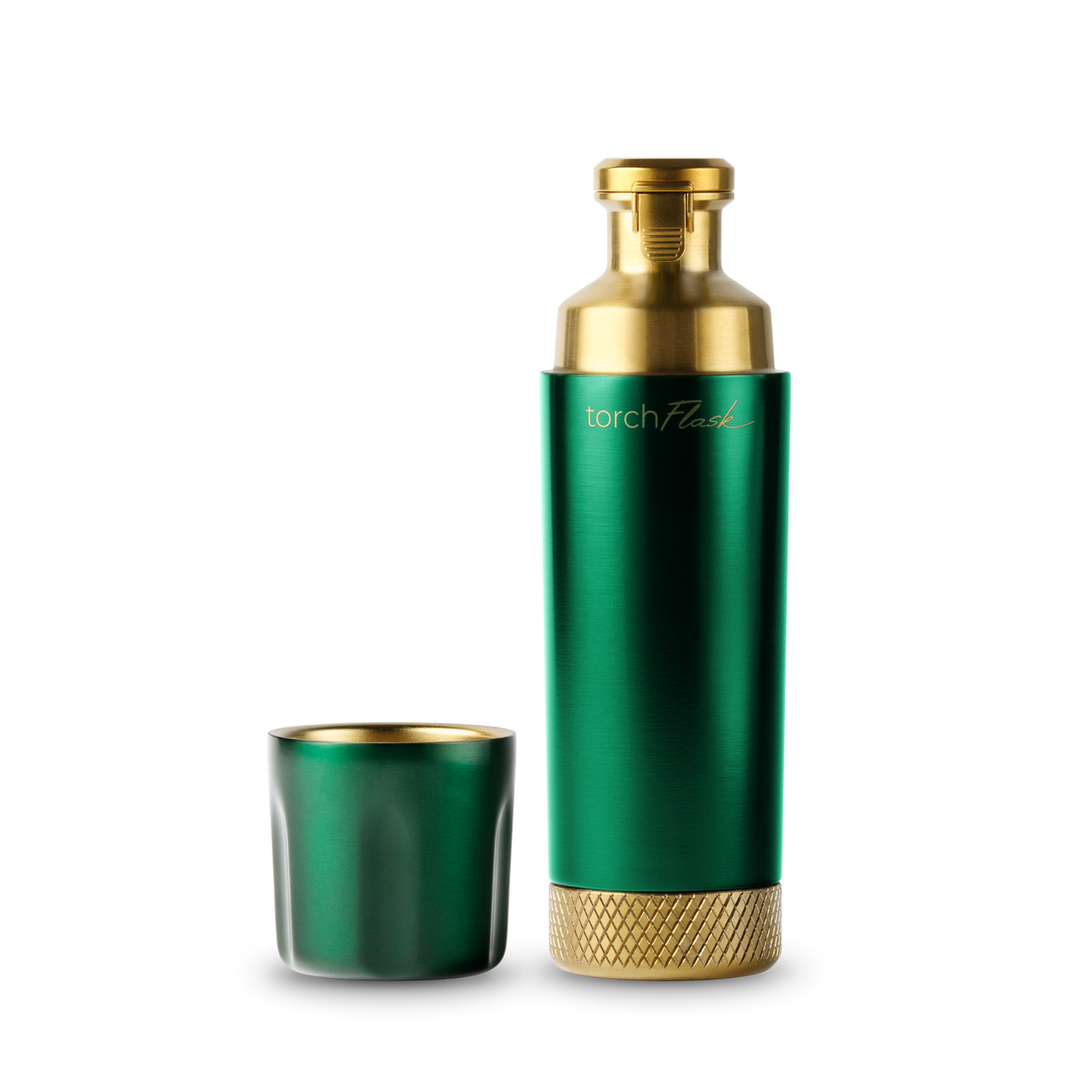 British Racing Green High Camp Torch Flask with flip lid and magnetic shot glass disassembled