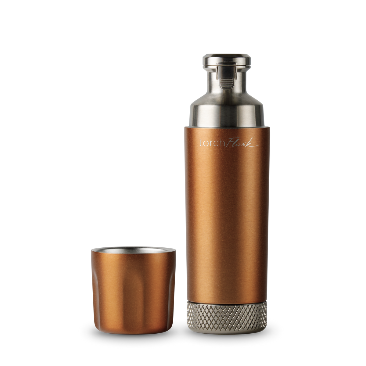 Copper High Camp Torch Flask with flip lid and magnetic shot glass disassembled
