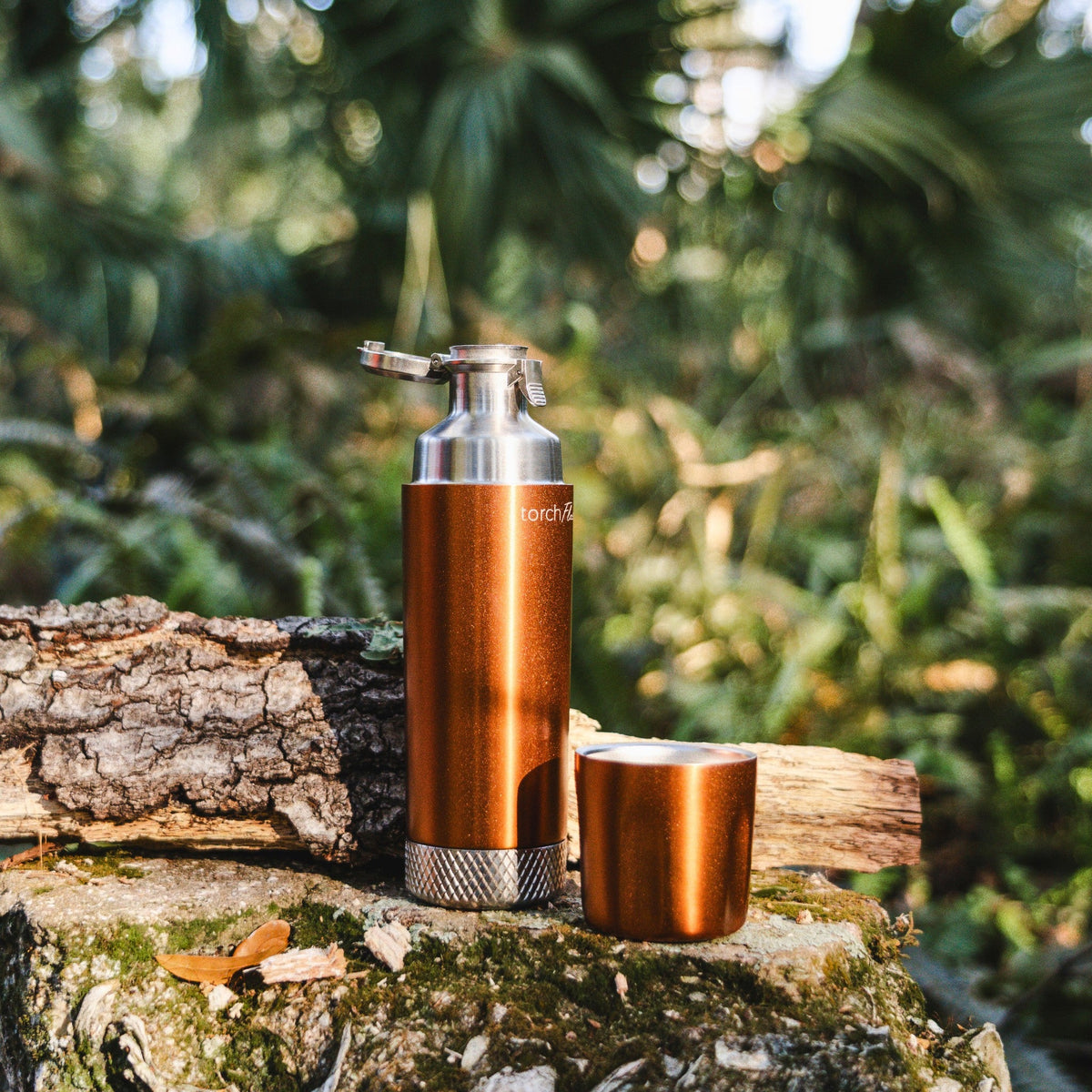 Copper High Camp Torch Flask with flip lid in use
