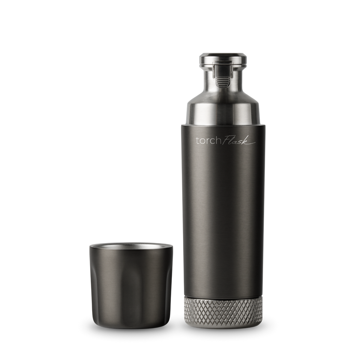 Gunmetal High Camp Torch Flask with flip lid and magnetic shot glass disassembled