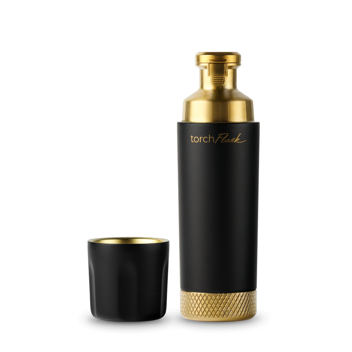 Onyx High Camp Torch Flask with flip lid and magnetic shot glass disassembled