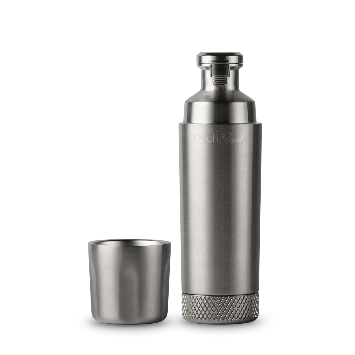 Stainless Steel High Camp Torch Flask with flip lid and magnetic shot glass disassembled