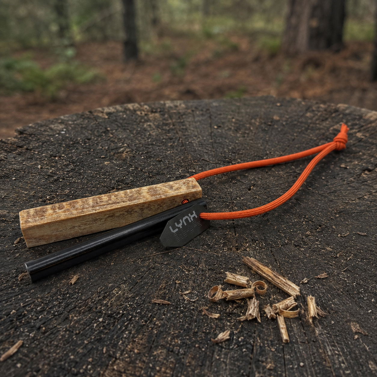 LYNX EmberEdge Fatwood Fire Kit resting on a weathered stump in a pine forest