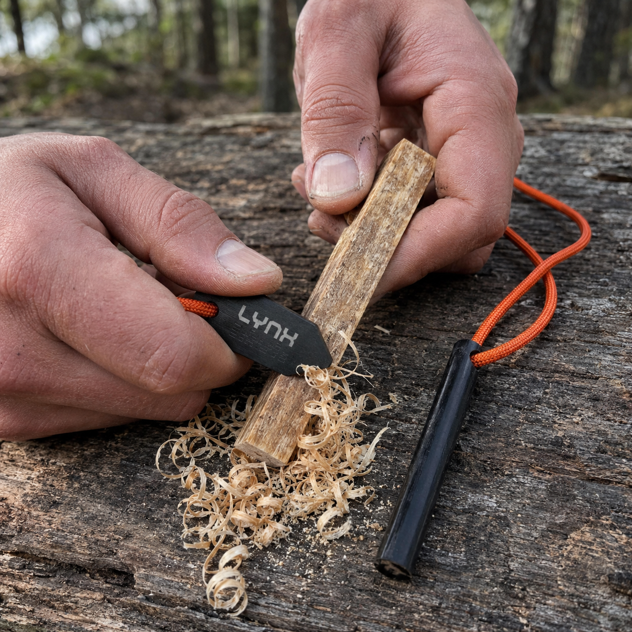 Using the LYNX EmberEdge striker to shave tinder from the tethered fatwood stick