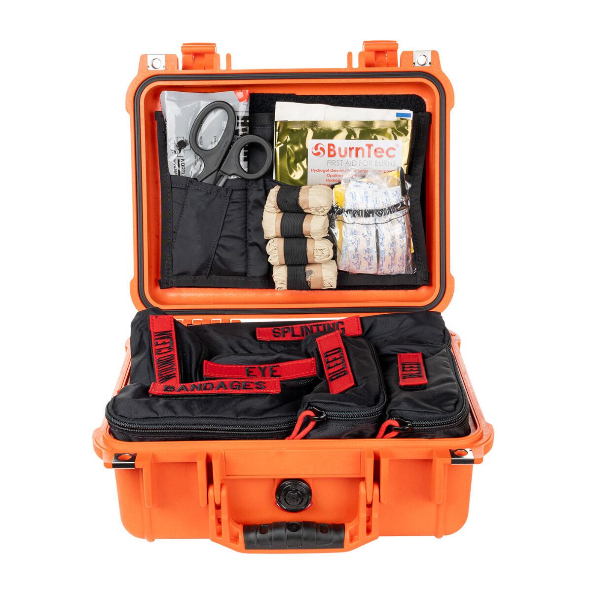 NAR Amphibious Trauma Aid Kit waterproof case in Orange, open