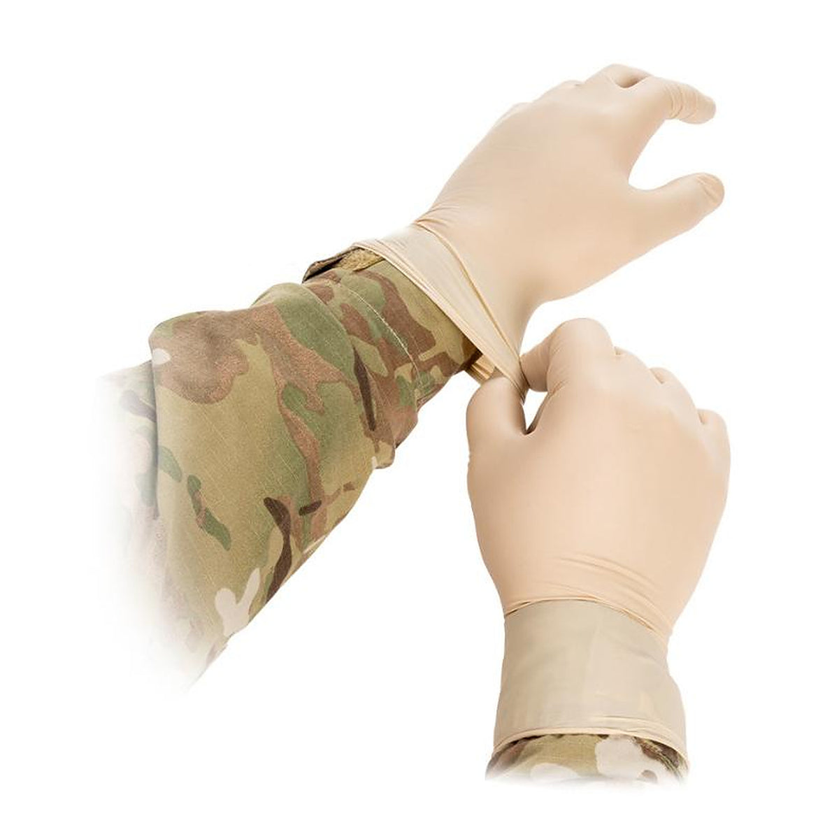 Bear Claw nitrile glove being donned over a sleeve cuff
