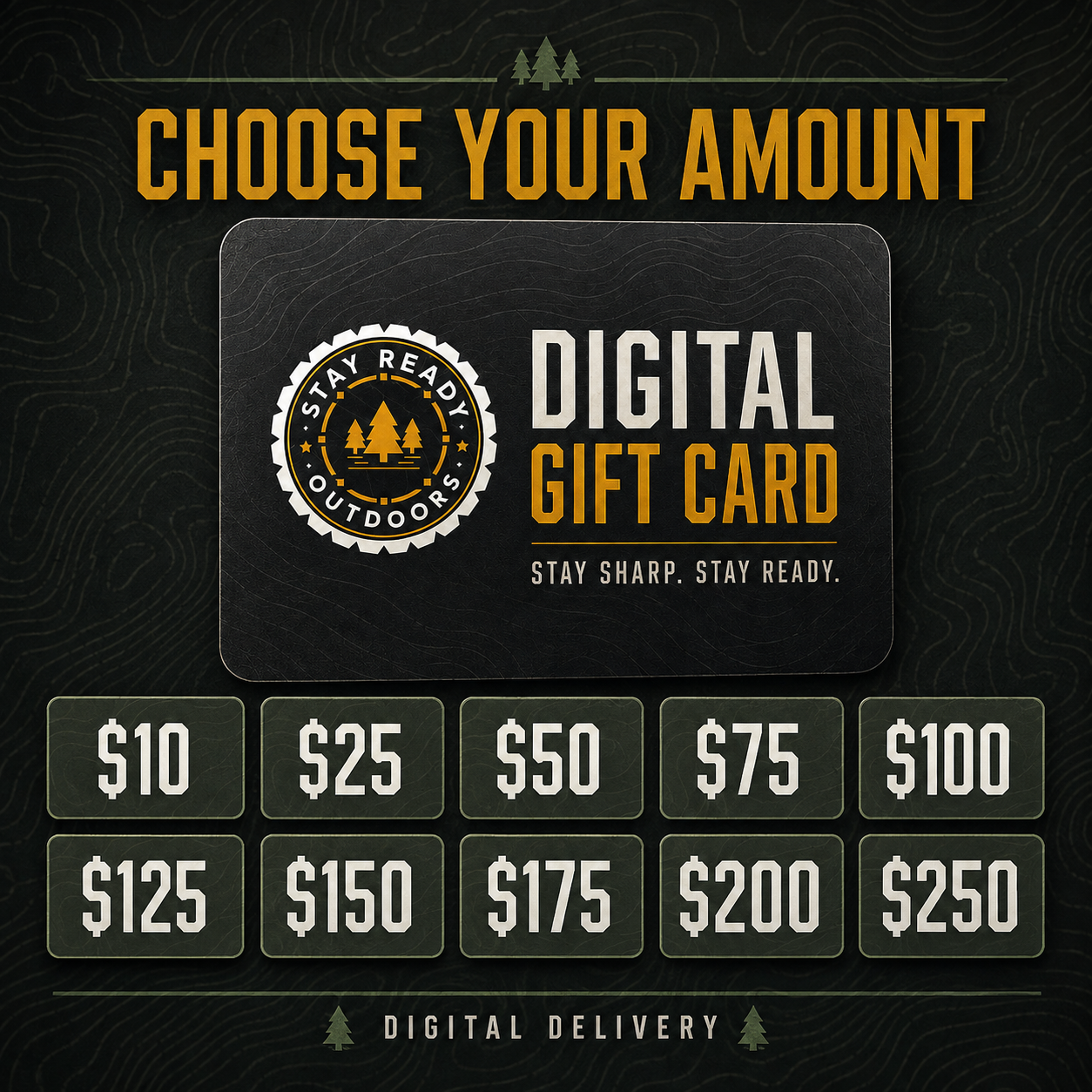 Stay Ready Outdoors digital gift card denominations from $10 to $250